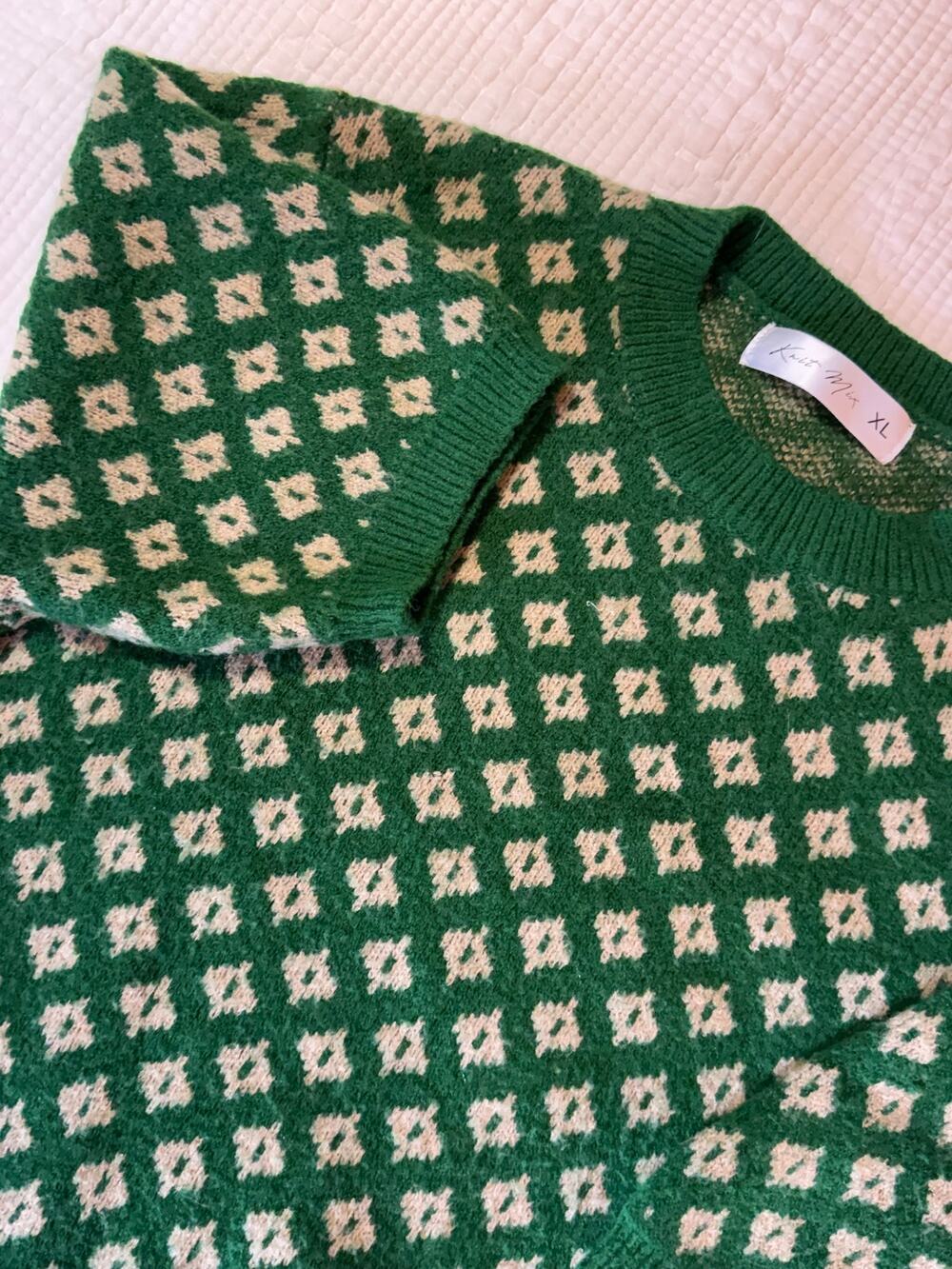 Knit Mix Green Short Sleeve Sweater XL Floral Geometric Retro Cottagecore Knit